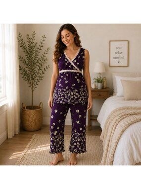 Pokkori Maternity Nursing Pajama Set Size L Purple Sleepwear Postpartum Lounger
